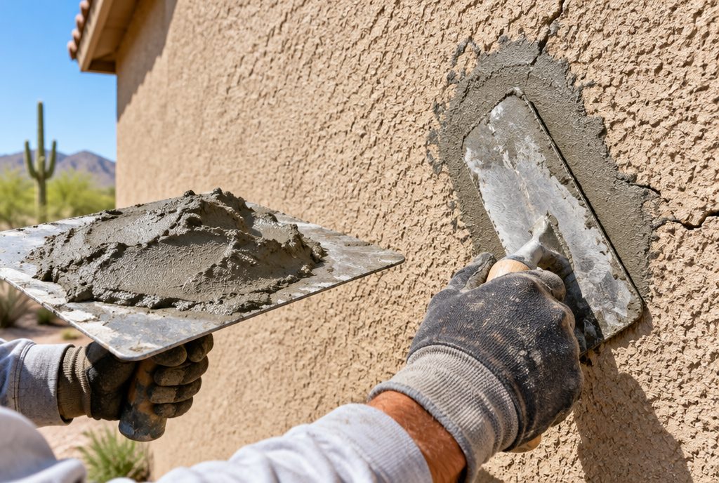 Stucco repair and crack patching on a Phoenix home